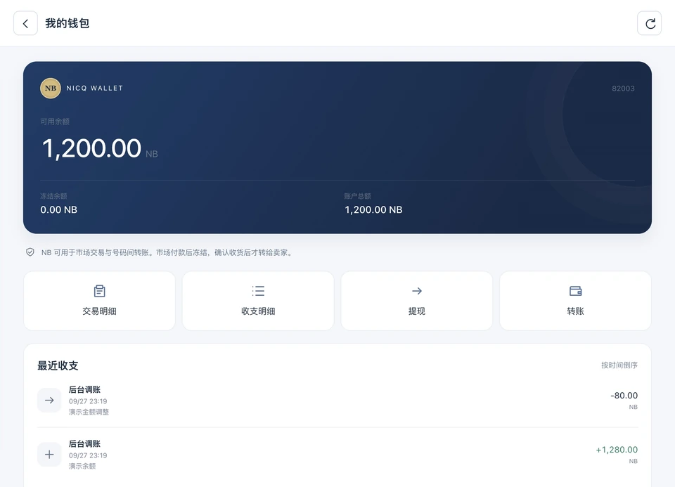 NICQ 钱包真实界面局部，展示虚构的可用余额、冻结余额与最近收支